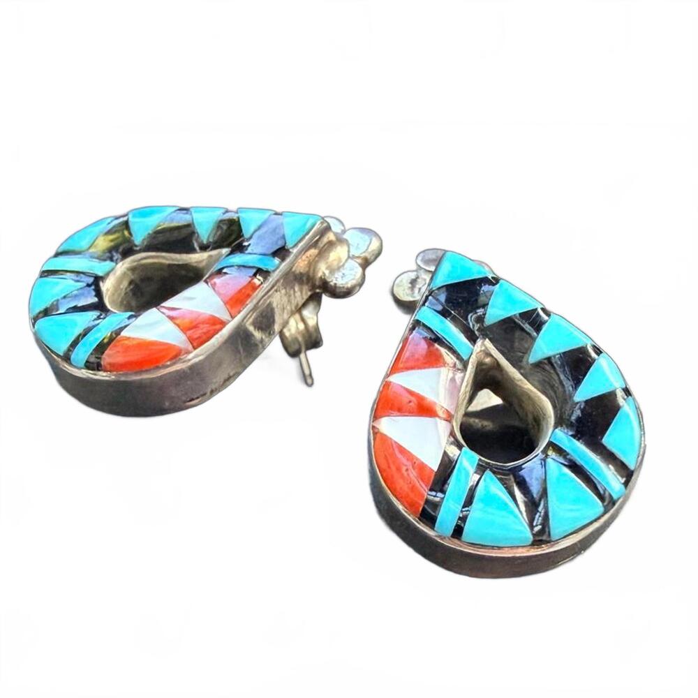 VTG LAAHTY Zuni Handmade Turquoise Multi-Stone Silver 925 Channel Inlay Earrings - Picture 1 of 7